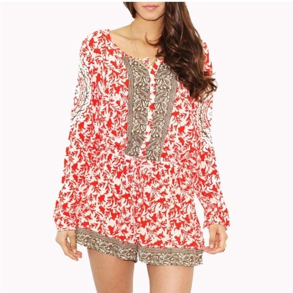 Free People Pants - Free People Gardenia Combo Red White Floral Medallion Print Resortwear Romper